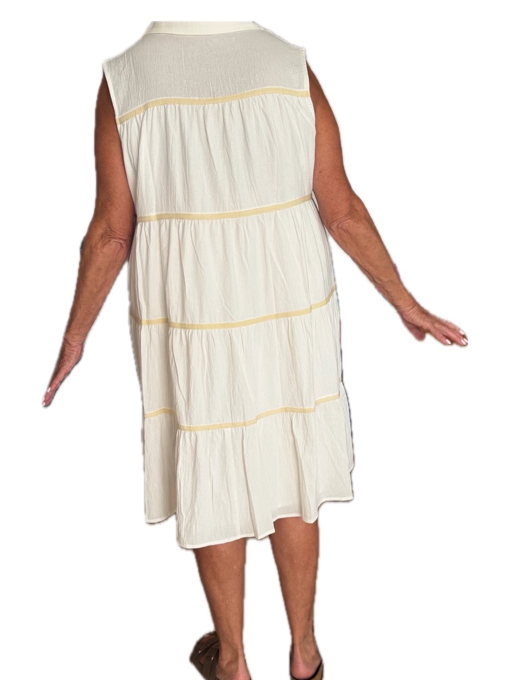 NWOT Sleeveless Tiered Midi Dress in White with Cream Trim